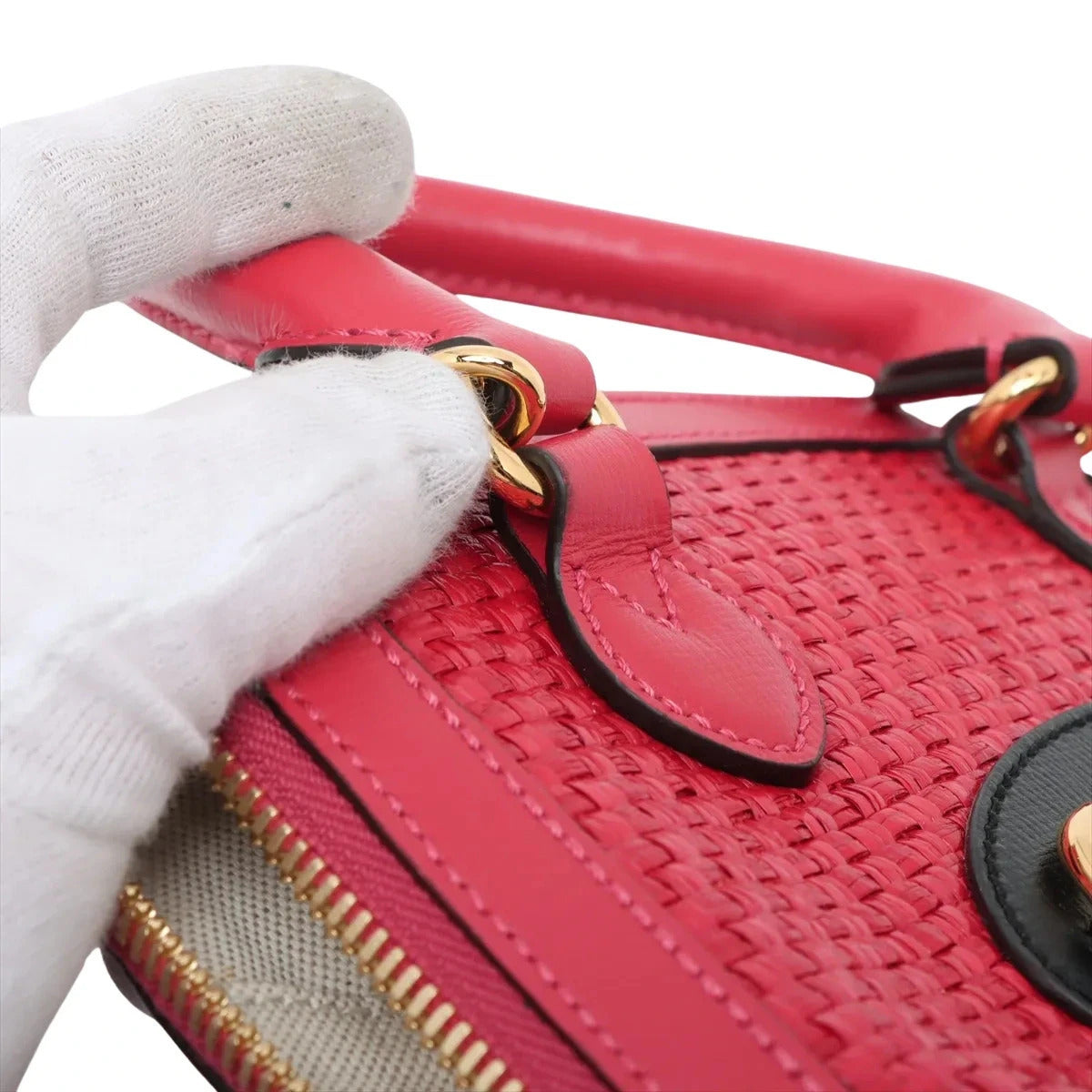 Pre-Loved Horsebit 1955 Handbag Woven Raffia Mini with Gold Hardware, Pink