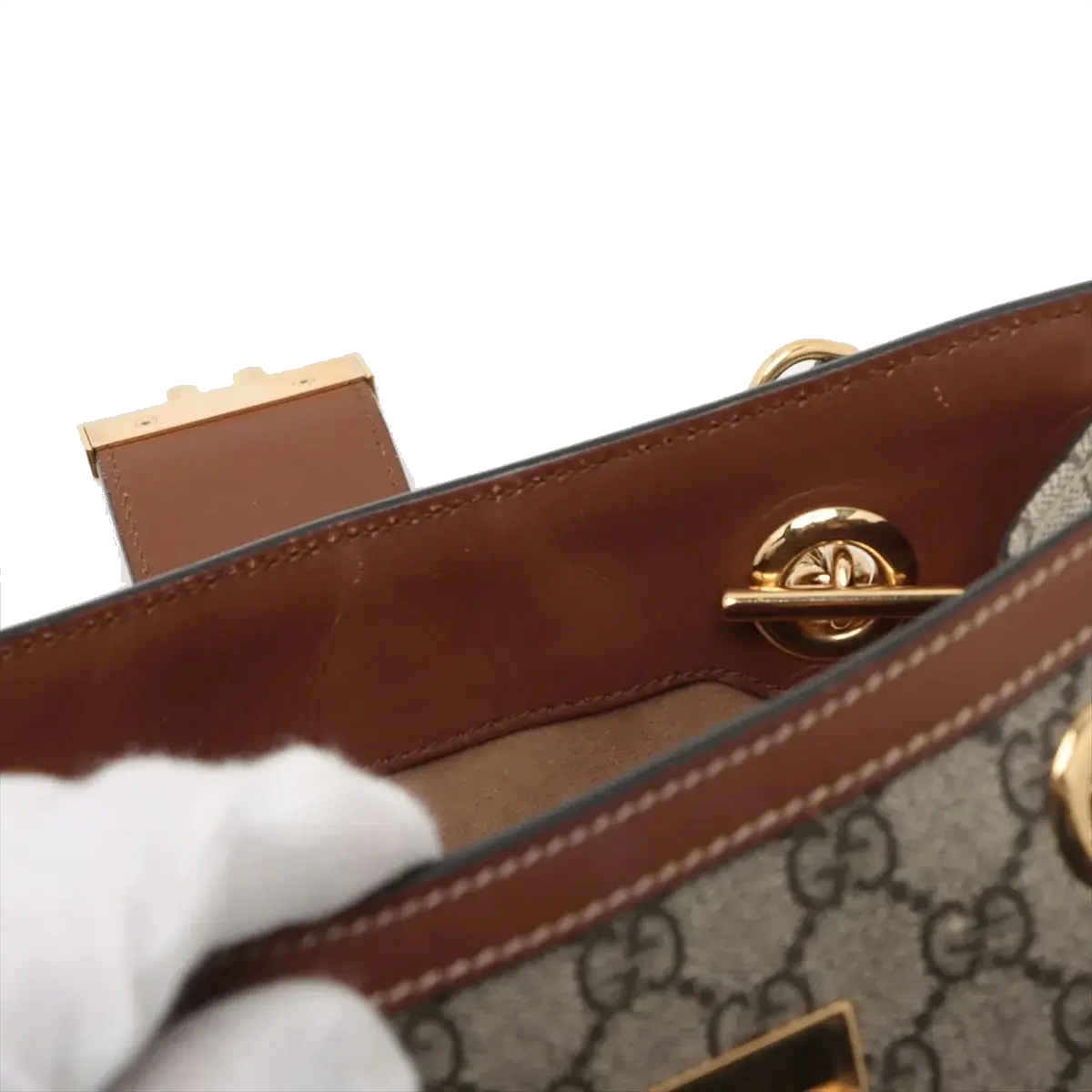 Pre-Loved Padlock Tote Monogram Coated Canvas Small with Gold Hardware, Beige Ebony