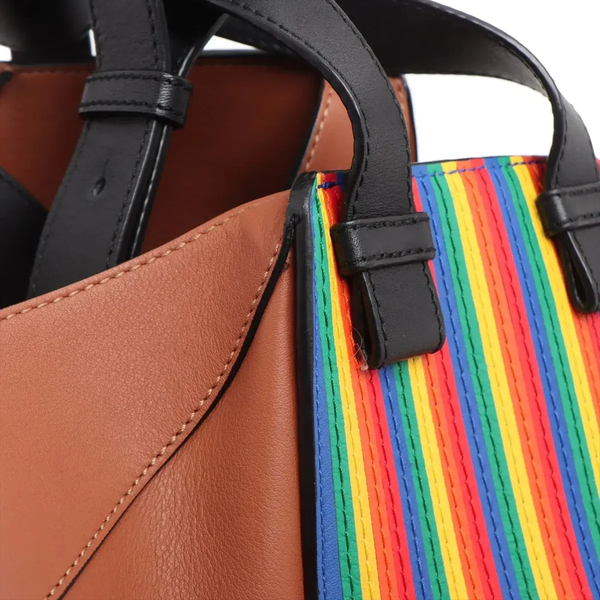 Pre-Loved Hammock Shoulder Bag Striped Leather Medium with Silver Hardware, Tan with Rainbow Multicolor