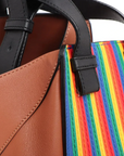 Pre-Loved Hammock Shoulder Bag Striped Leather Medium with Silver Hardware, Tan with Rainbow Multicolor