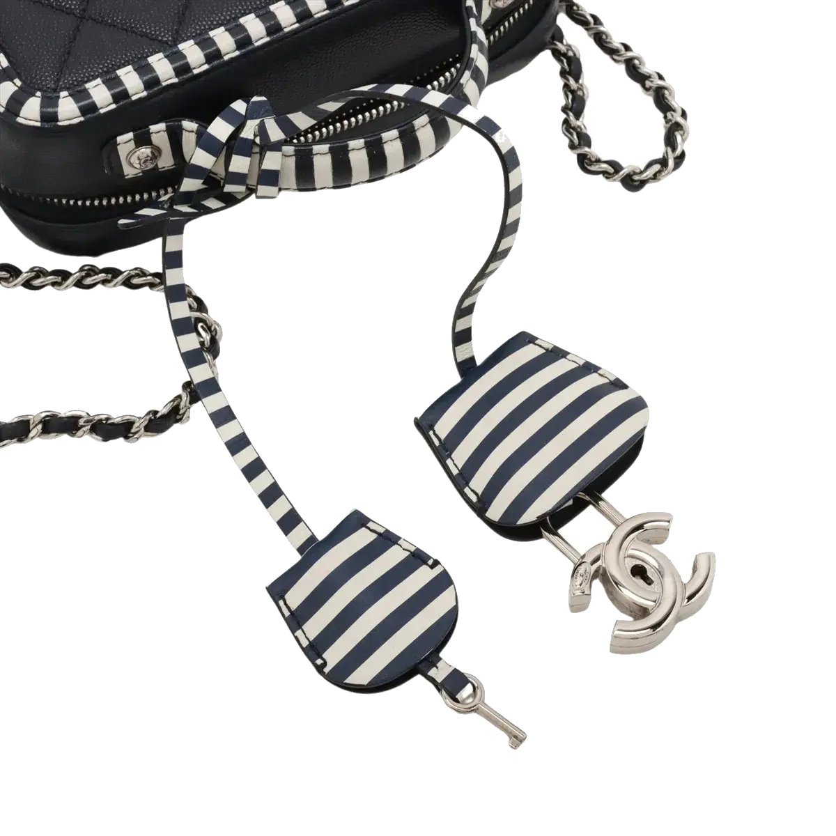 Pre-Loved CC Filigree Vanity Case Vanity Case Quilted Leather Small with Silver Hardware, Navy Blue with White Striped Trim
