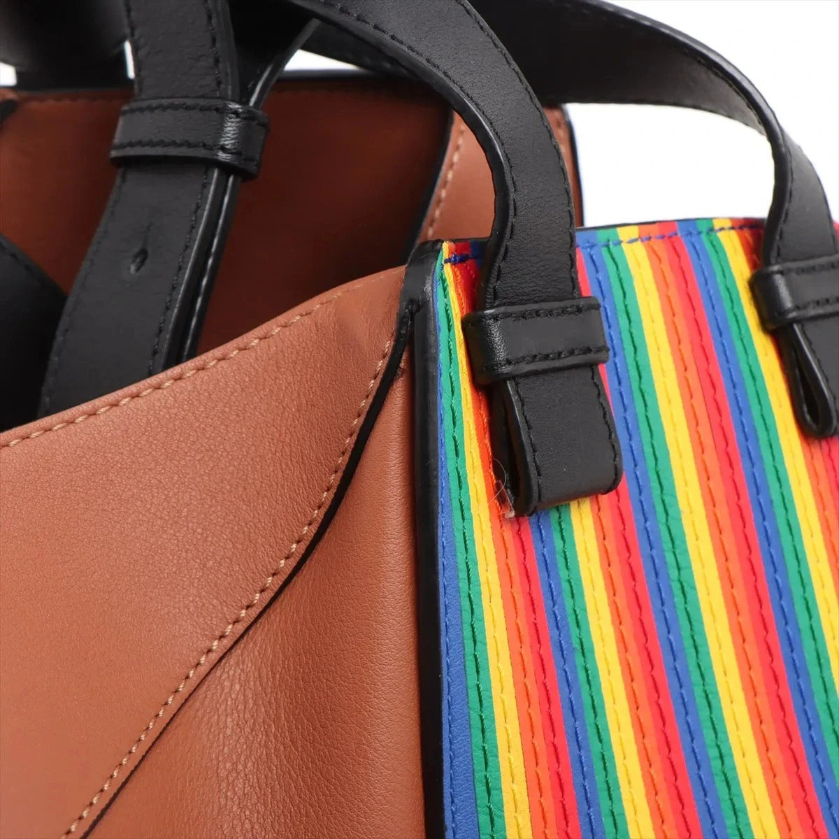 Pre-Loved Hammock Shoulder Bag Striped Leather Medium with Silver Hardware, Tan with Rainbow Multicolor