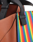 Pre-Loved Hammock Shoulder Bag Striped Leather Medium with Silver Hardware, Tan with Rainbow Multicolor
