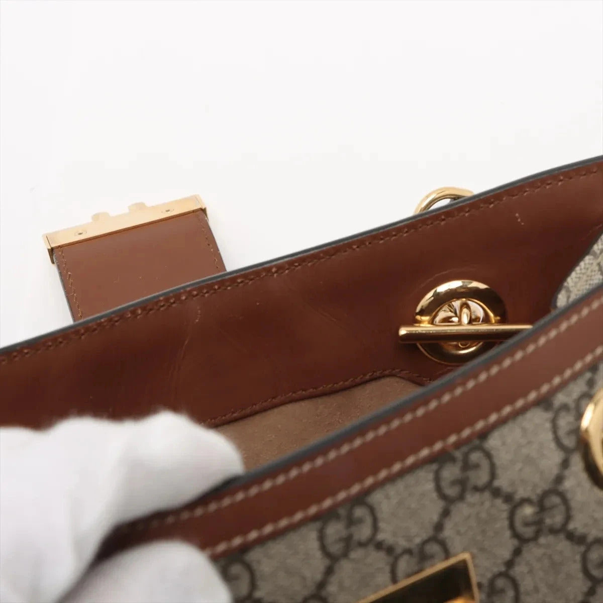 Pre-Loved Padlock Tote Monogram Coated Canvas Small with Gold Hardware, Beige Ebony
