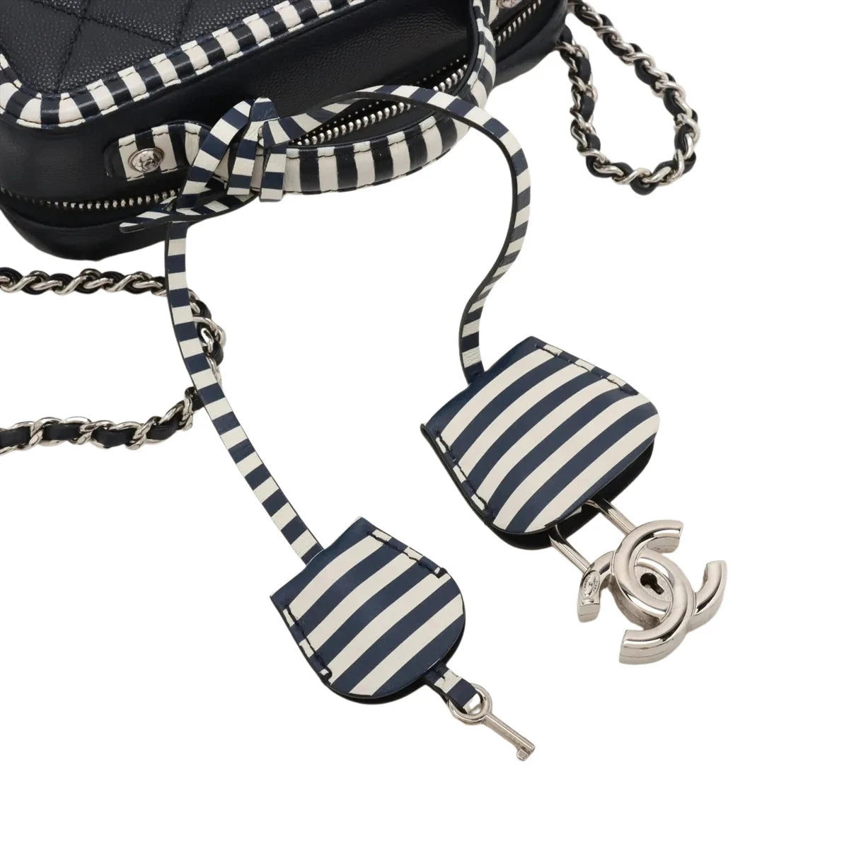 Pre-Loved CC Filigree Vanity Case Vanity Case Quilted Leather Small with Silver Hardware, Navy Blue with White Striped Trim