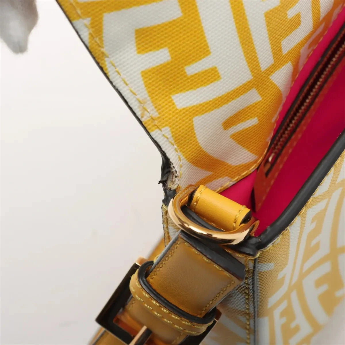 Pre-Loved Baguette Shoulder Bag FF Vertigo Coated Canvas with Gold Hardware, Yellow and White