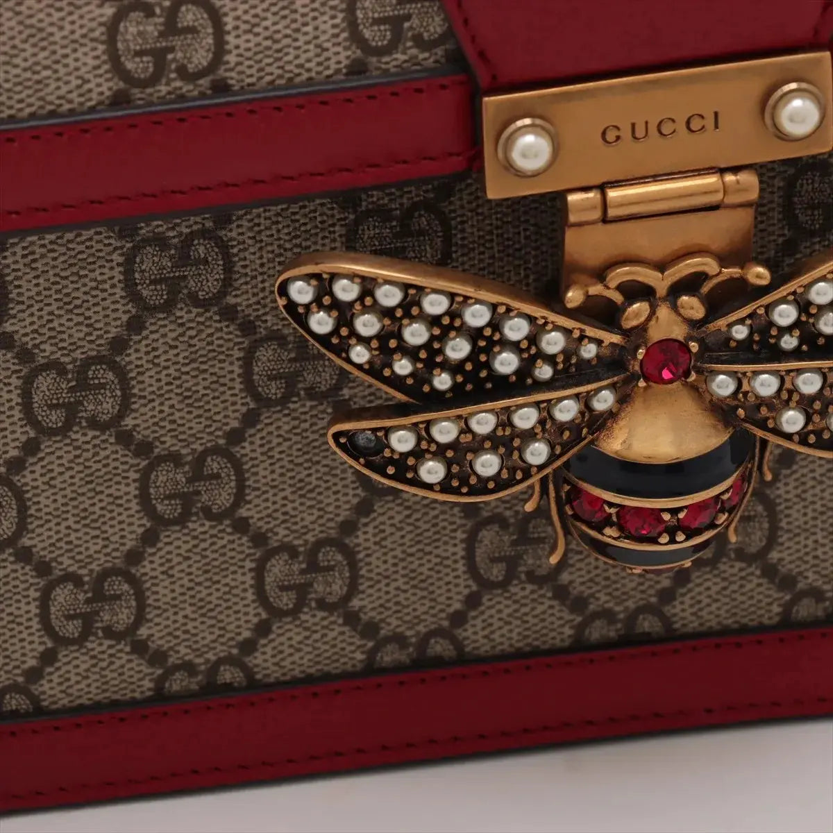 Pre-Loved Queen Margaret Handbag Monogram Coated Canvas Small with Aged Gold Hardware, Beige Ebony Red