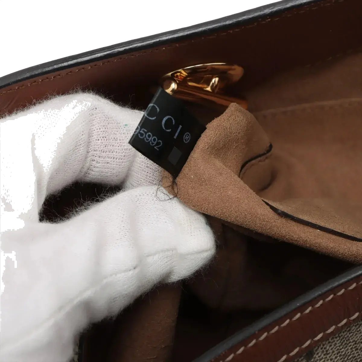 Pre-Loved Padlock Tote Monogram Coated Canvas Small with Gold Hardware, Beige Ebony