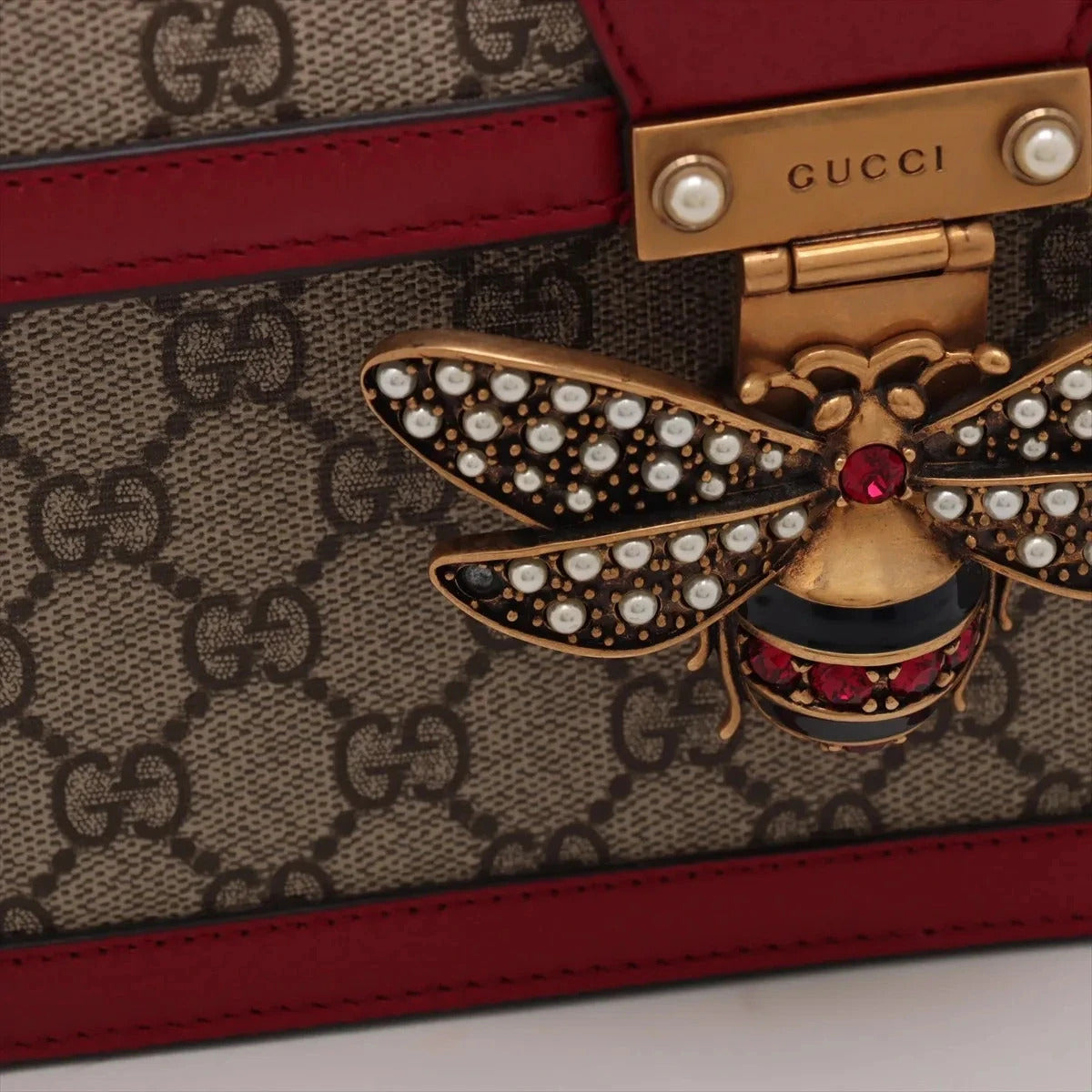 Pre-Loved Queen Margaret Handbag Monogram Coated Canvas Small with Aged Gold Hardware, Beige Ebony Red