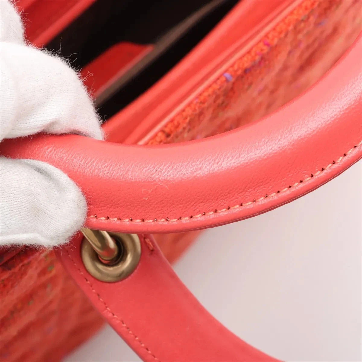 Pre-Loved Lady Dior Handbag Cannage Tweed Large with Gold Hardware, Red