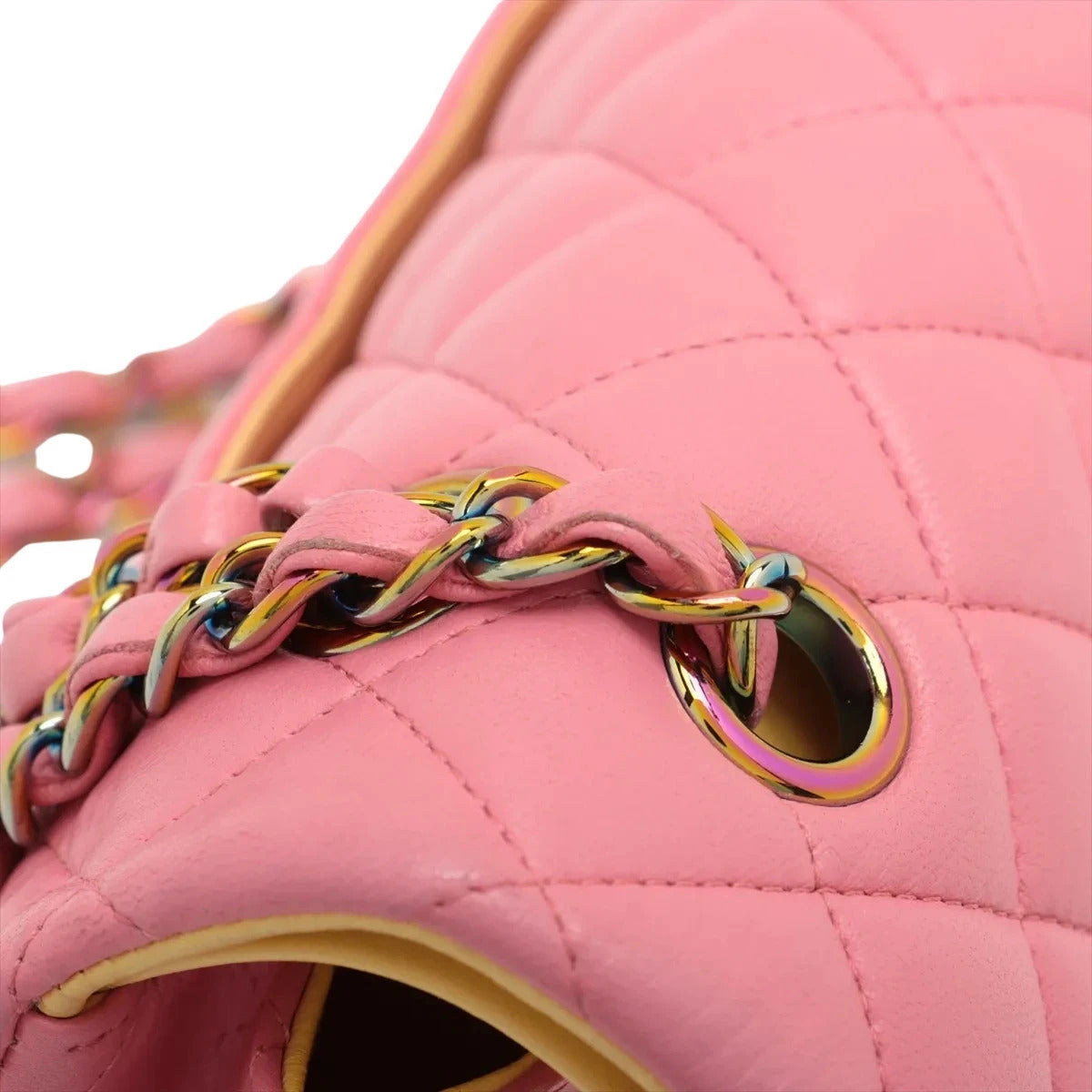 Pre-Loved Classic Double Flap Shoulder Bag Quilted Leather Small with Rainbow Iridescent Hardware, Pink