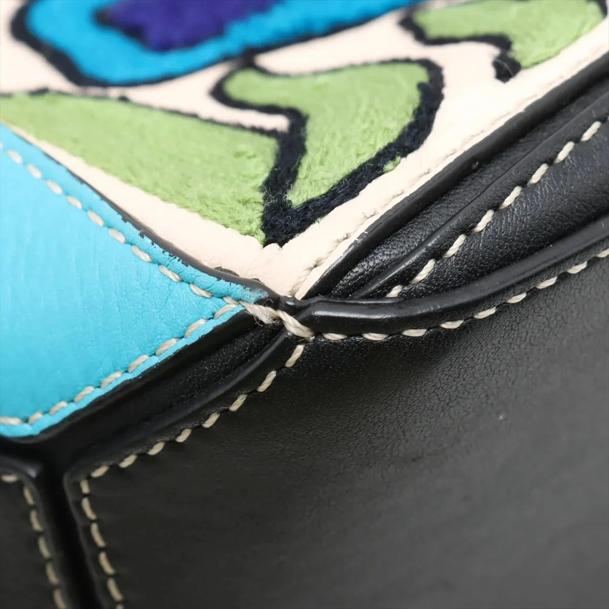 Pre-Loved Puzzle Handbag Embroidered Leather Small with Silver Hardware, Black Multicolor