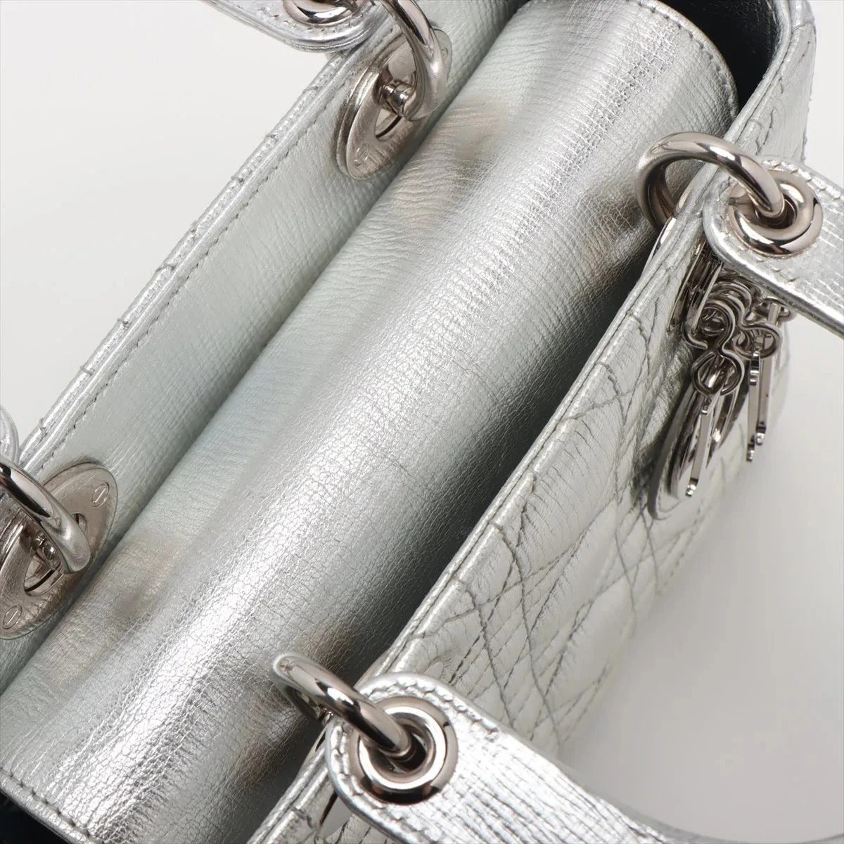 Pre-Loved Lady Dior Handbag Quilted Leather Mini with Silver Hardware, Silver