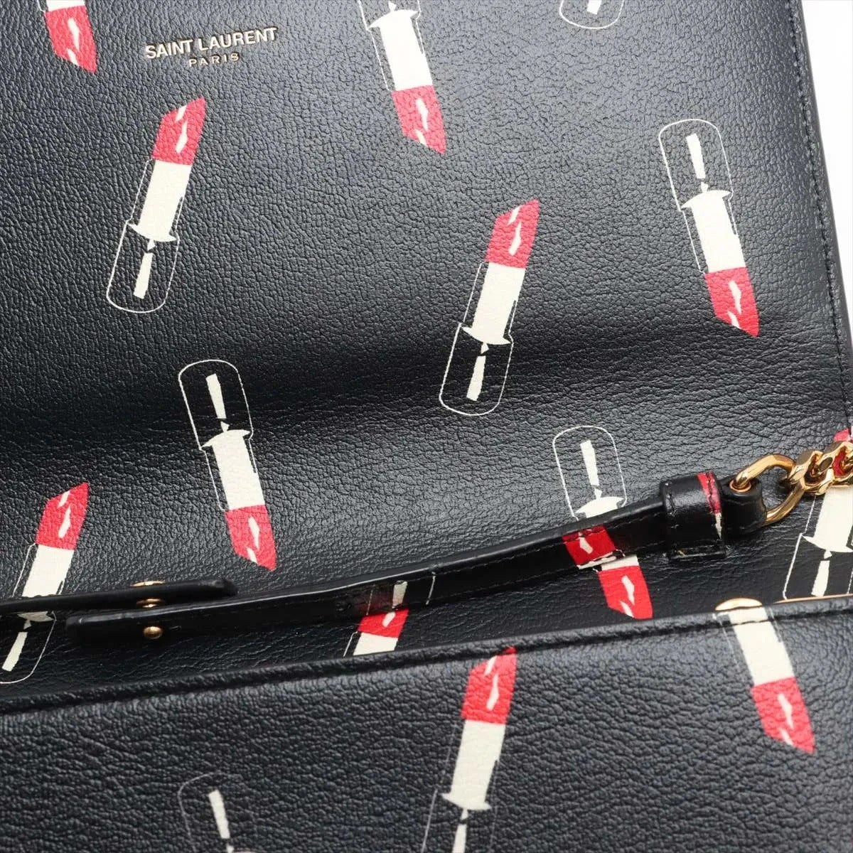 Pre-Loved Kate Chain Wallet Crossbody Bag Lipstick Print Leather Small with Gold Hardware, Black