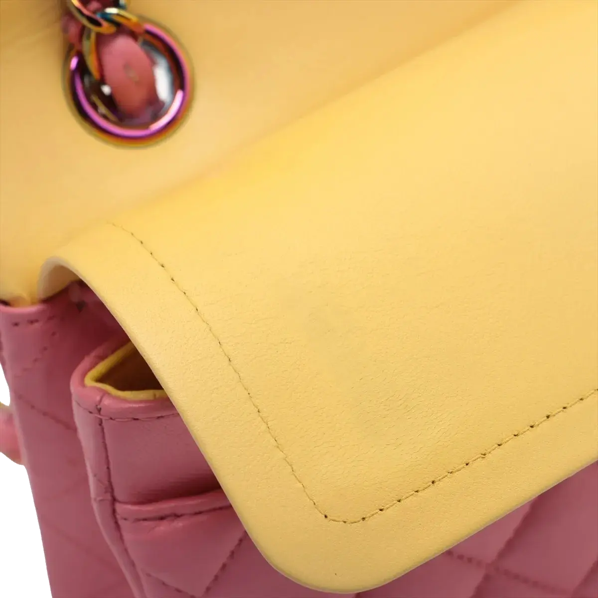 Pre-Loved Classic Double Flap Shoulder Bag Quilted Leather Small with Rainbow Iridescent Hardware, Pink