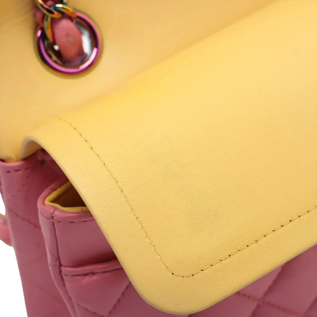 Pre-Loved Classic Double Flap Shoulder Bag Quilted Leather Small with Rainbow Iridescent Hardware, Pink