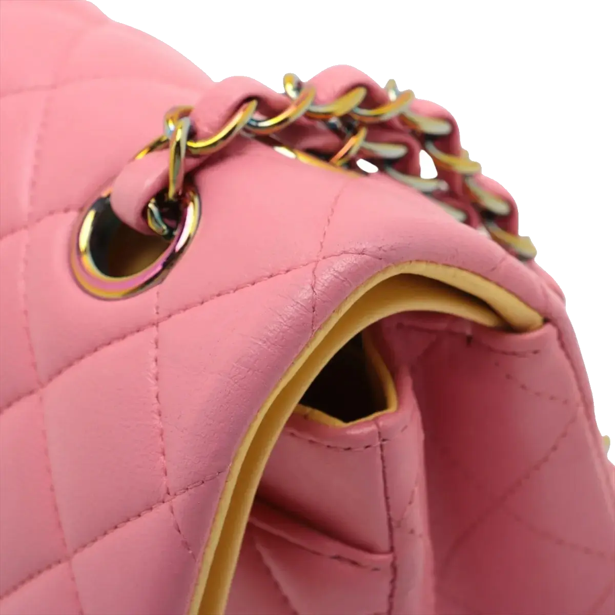 Pre-Loved Classic Double Flap Shoulder Bag Quilted Leather Small with Rainbow Iridescent Hardware, Pink