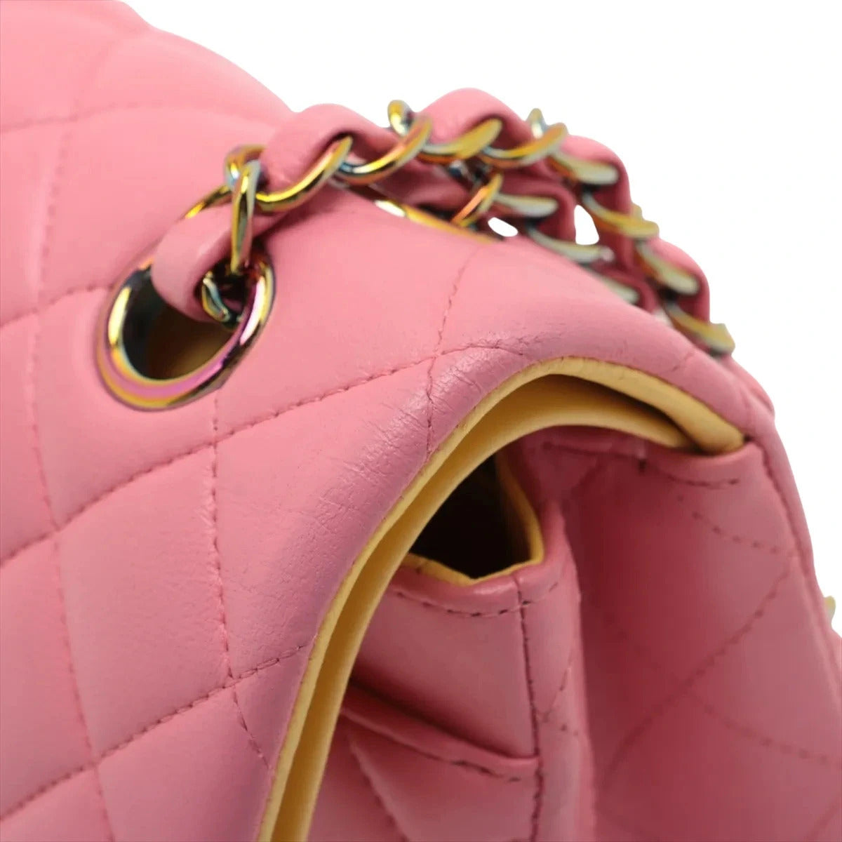 Pre-Loved Classic Double Flap Shoulder Bag Quilted Leather Small with Rainbow Iridescent Hardware, Pink