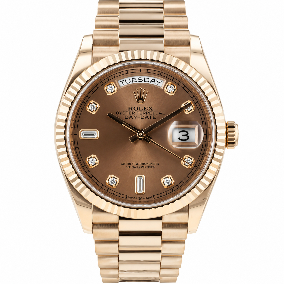 Pre-Loved Day-Date 36 Everose 128235, Rosé-colour set with diamonds Dial