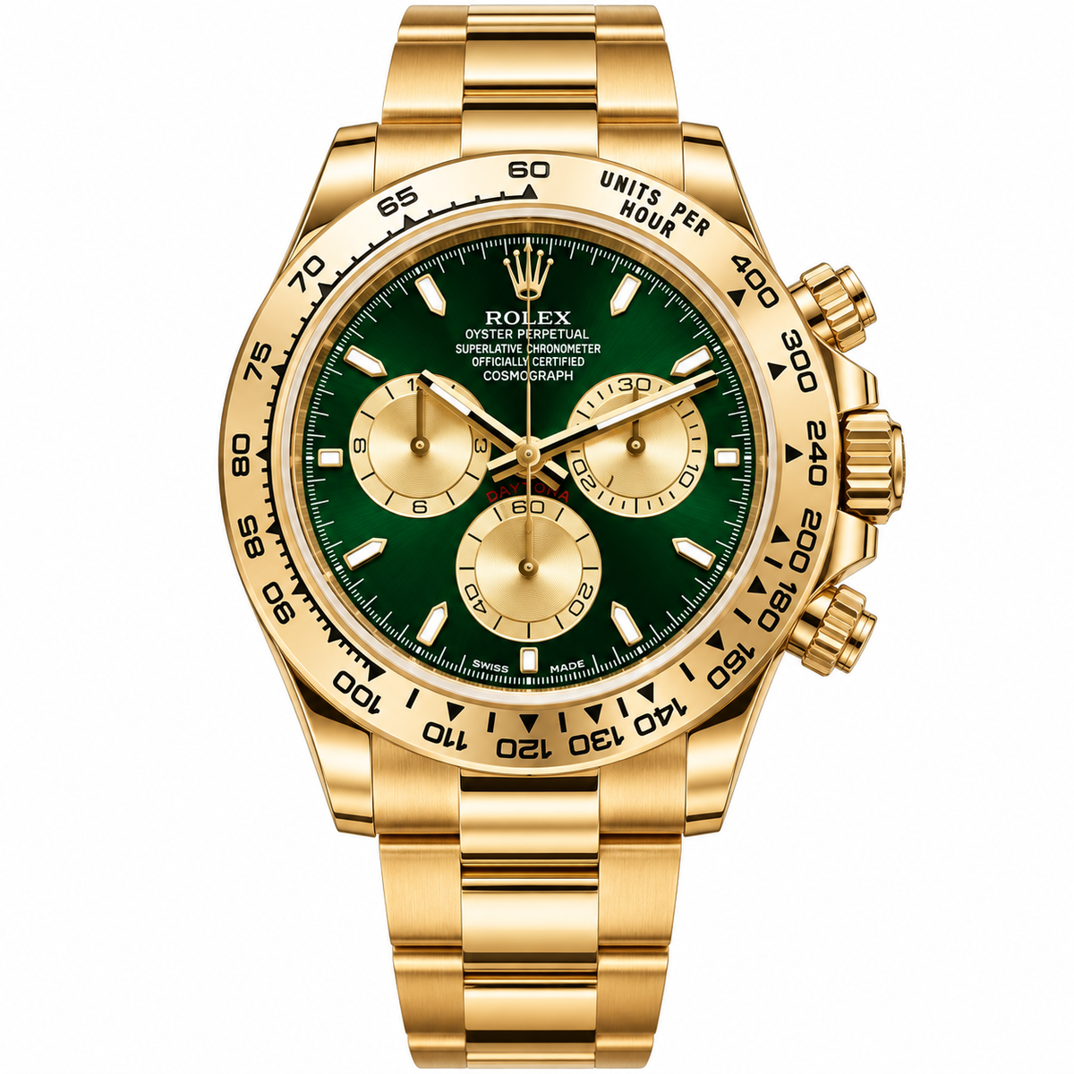 Pre-Loved Cosmograph Daytona 40 Yellow Gold 126508, Bright green and golden Dial
