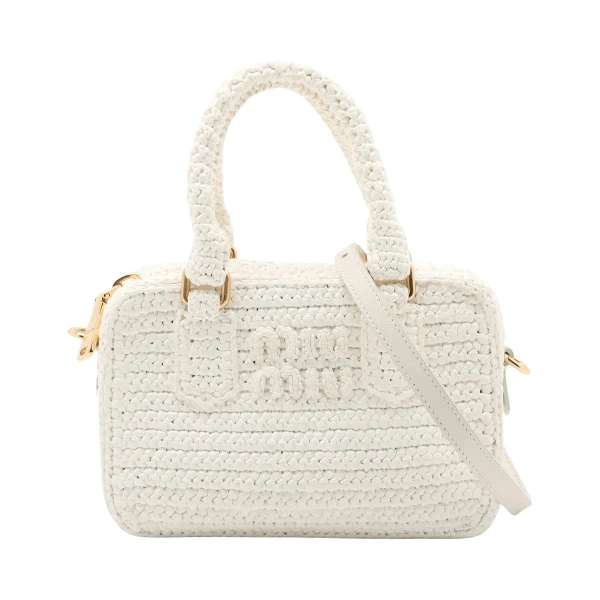 Pre-Loved Crochet Bowling Bag Handbag Crochet Raffia Mini with Gold Hardware, White