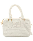 Pre-Loved Crochet Bowling Bag Handbag Crochet Raffia Mini with Gold Hardware, White