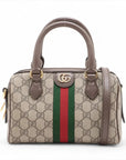Pre-Loved Ophidia GG Mini Boston Handbag Monogram Coated Canvas Mini with Gold Hardware, Beige Ebony