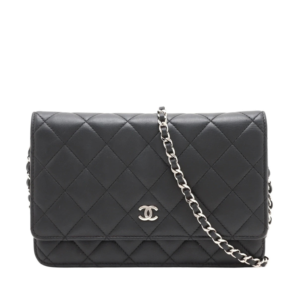Pre-Loved Wallet on Chain Crossbody Bag Quilted Leather with Silver Hardware, Black