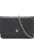 Pre-Loved Wallet on Chain Crossbody Bag Quilted Leather with Silver Hardware, Black