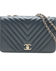 Pre-Loved Chevron Flap Bag Shoulder Bag Chevron Leather Small with Gold Hardware, Navy Blue