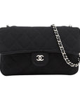 Pre-Loved Quilted Flap Bag with Foldable Tote Crossbody Bag Quilted Canvas Mini with Silver Hardware, Black