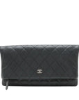 Pre-Loved Quilted Fold-Over Clutch Clutch Quilted Leather with Silver Hardware, Black