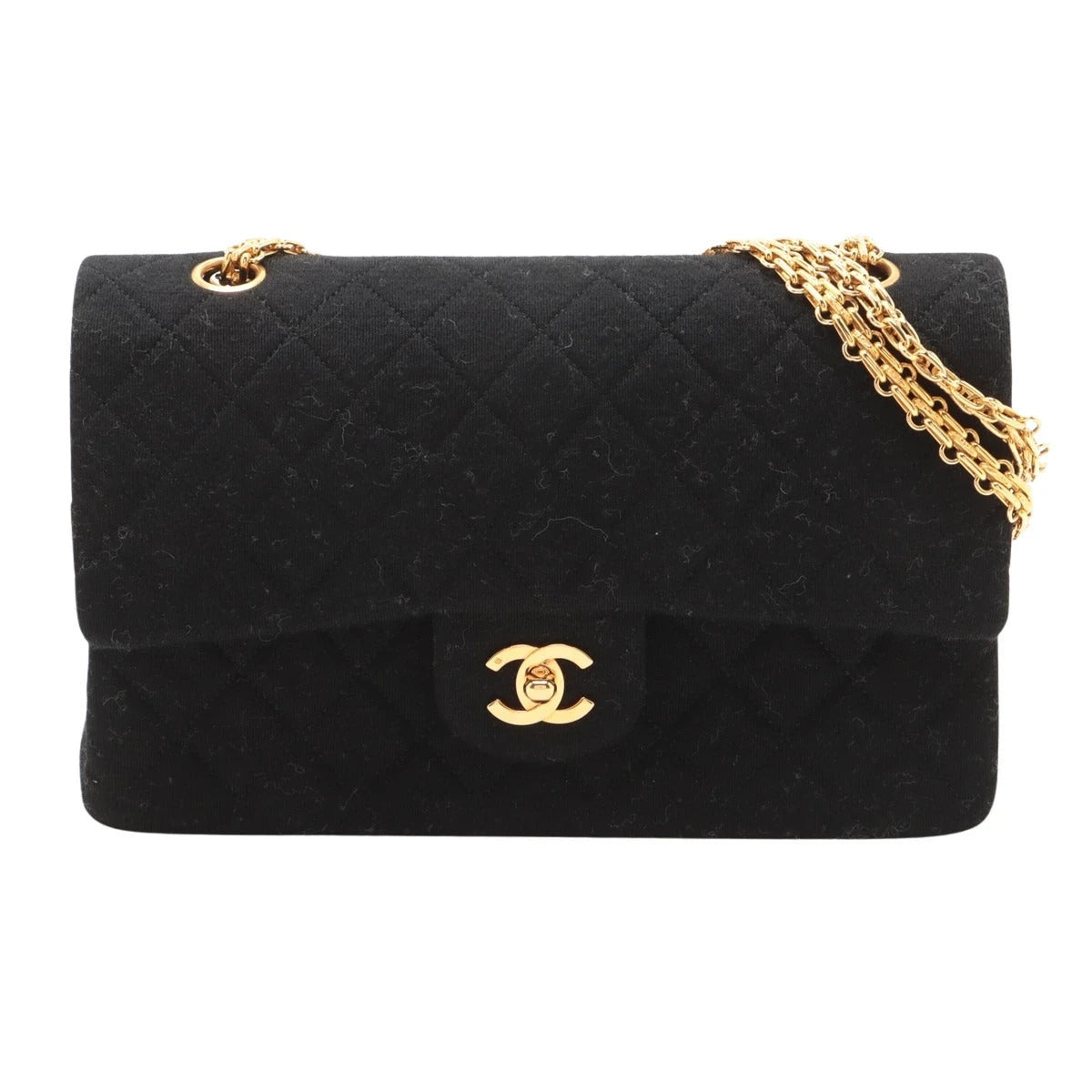 Pre-Loved Classic Double Flap Shoulder Bag Quilted Jersey Medium with Gold Hardware, Black