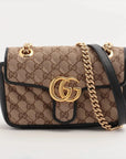 Pre-Loved GG Marmont Shoulder Bag Monogram Coated Canvas Mini with Gold Hardware, Beige / Ebony with Black Leather Trim