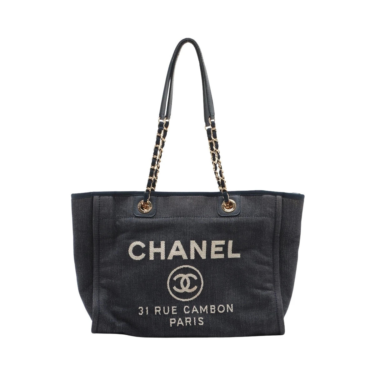 Pre-Loved Deauville Tote Denim Small with Gold Hardware, Navy Blue