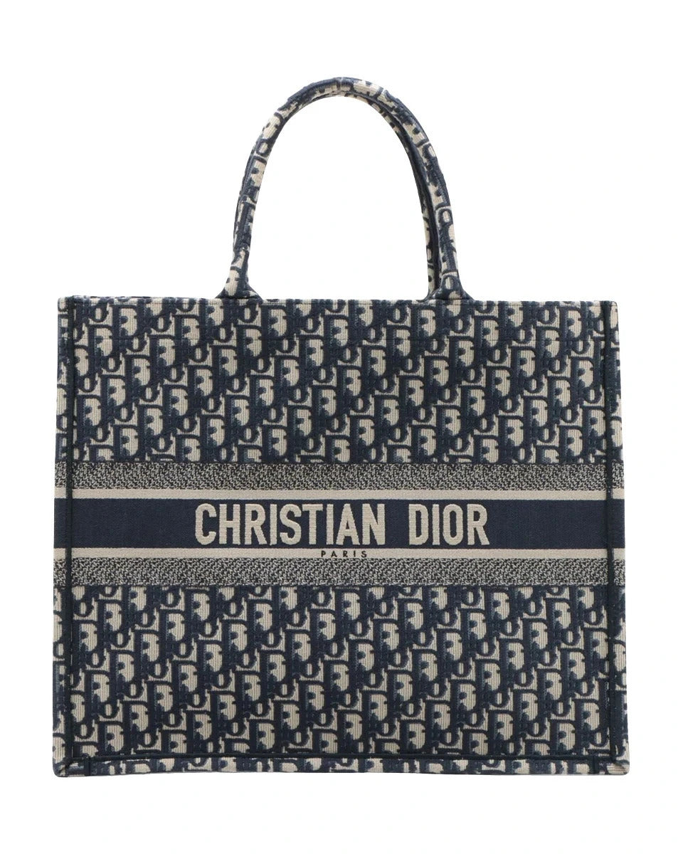Pre-Loved Book Tote Tote Oblique Embroidered Canvas Large, Navy Blue/Beige
