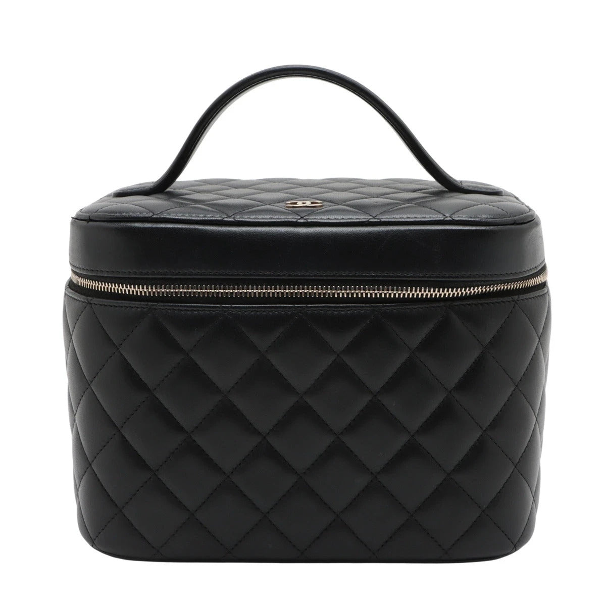 Pre-Loved Vanity Case Handbag Quilted Leather with Gold Hardware, Black
