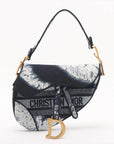 Pre-Loved Saddle Shoulder Bag Toile de Jouy Canvas Mini with Aged Gold Hardware, Navy Blue / White