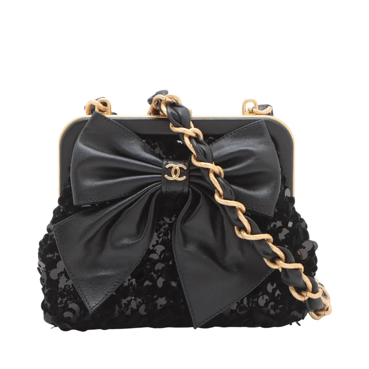 Pre-Loved Sequin Bow Kiss-Lock Bag Shoulder Bag Sequin Mini with Gold Hardware, Black