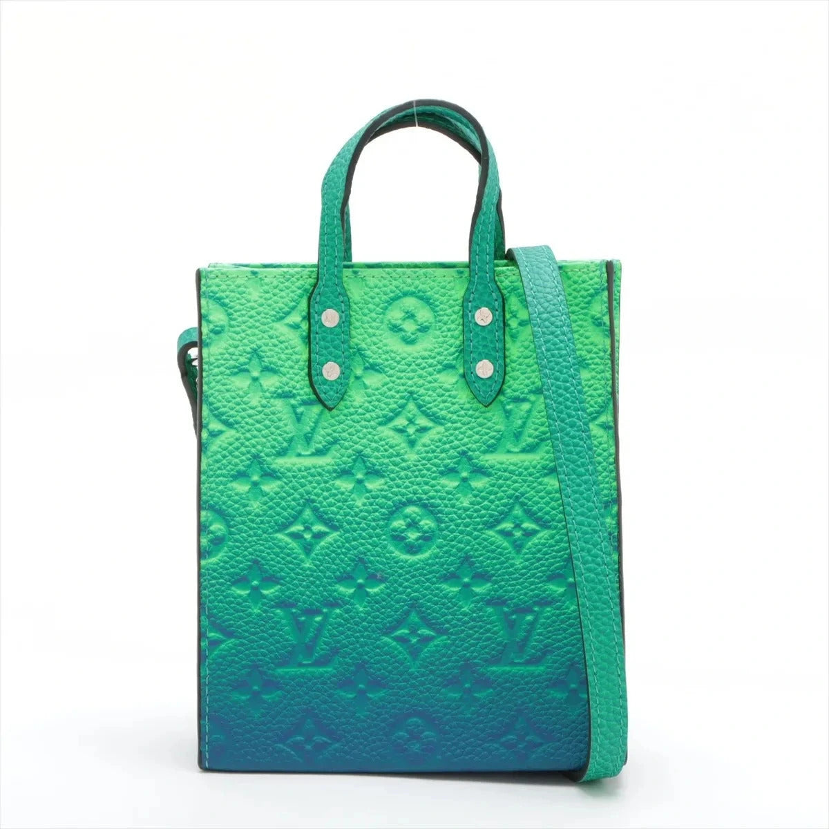 Pre-Loved Sac Plat Tote Monogram Leather XS with Silver Hardware, Green Blue Gradient