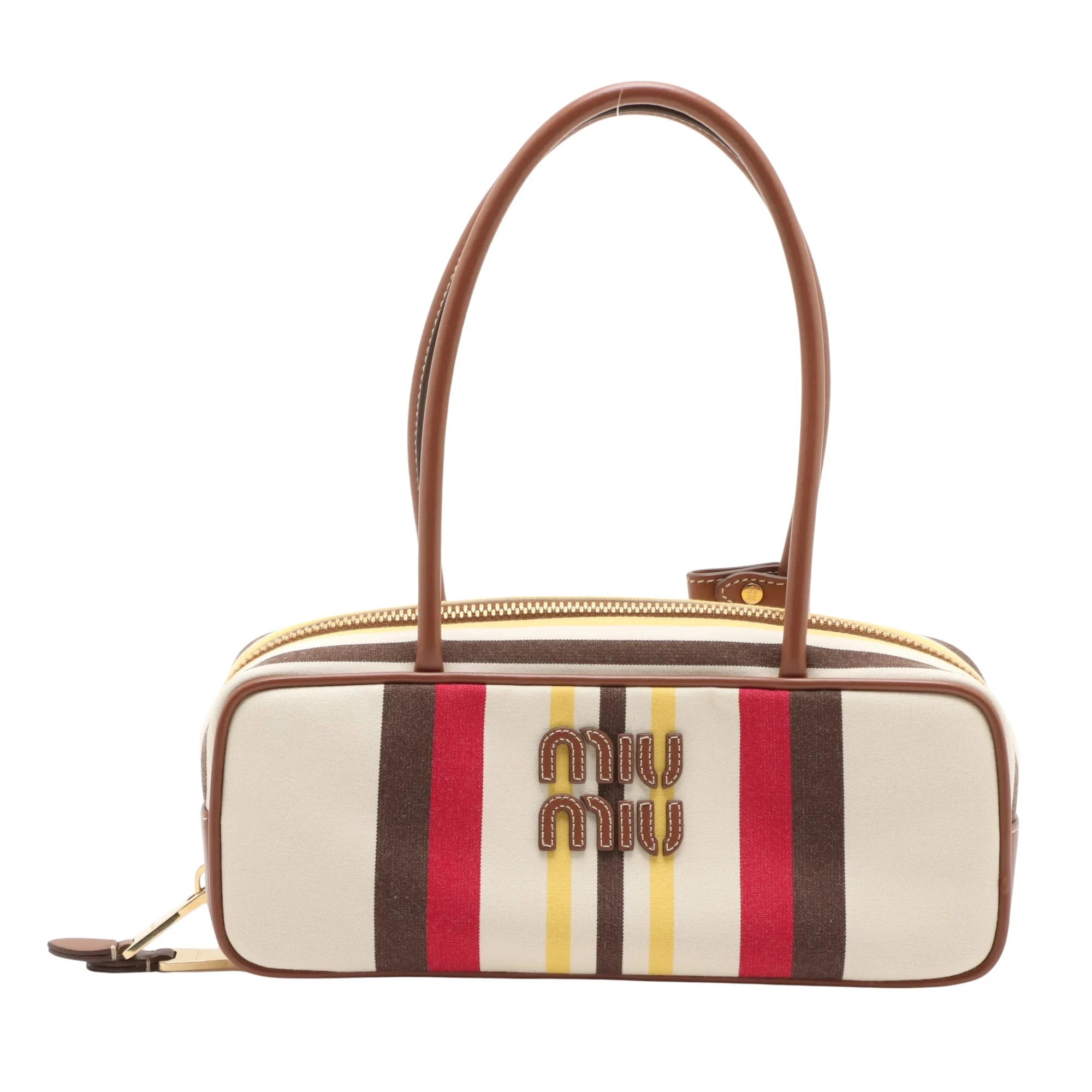 Pre-Loved Bowling Bag Handbag Striped Canvas Small with Gold Hardware, Beige Multicolor
