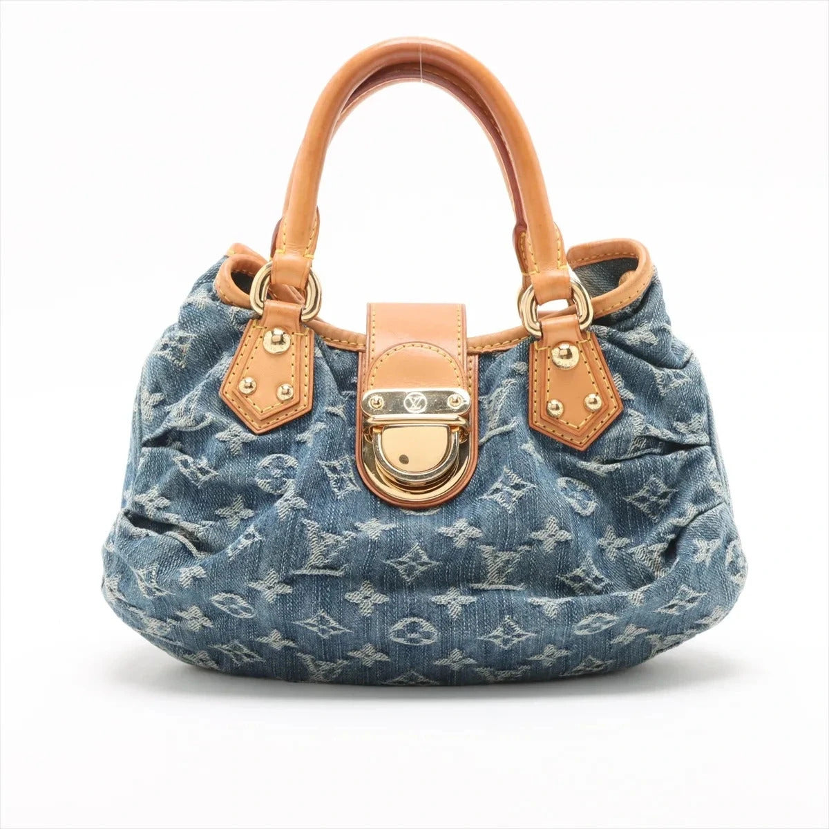 Pre-Loved Pleaty Handbag Monogram Denim Small with Gold Hardware, Blue