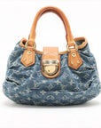 Pre-Loved Pleaty Handbag Monogram Denim Small with Gold Hardware, Blue