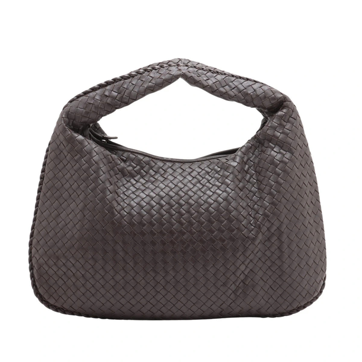 Pre-Loved Veneta Shoulder Bag Intrecciato Leather Medium with Silver Hardware, Dark Brown