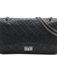Pre-Loved 2.55 Reissue Double Flap Shoulder Bag Quilted Leather 227 with Aged Silver Hardware, Black