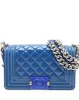 Pre-Loved Boy Shoulder Bag Quilted Patent Leather Small with Silver Hardware, Blue
