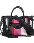 Pre-Loved Classic City Handbag Striped Leather Small with Aged Bronze Hardware, Black, White, Pink, Red