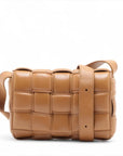 Pre-Loved Padded Cassette Crossbody Bag Intrecciato Leather Small with Gold Hardware, Tan
