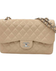 Pre-Loved Classic Double Flap Shoulder Bag Quilted Leather Jumbo with Silver Hardware, Beige