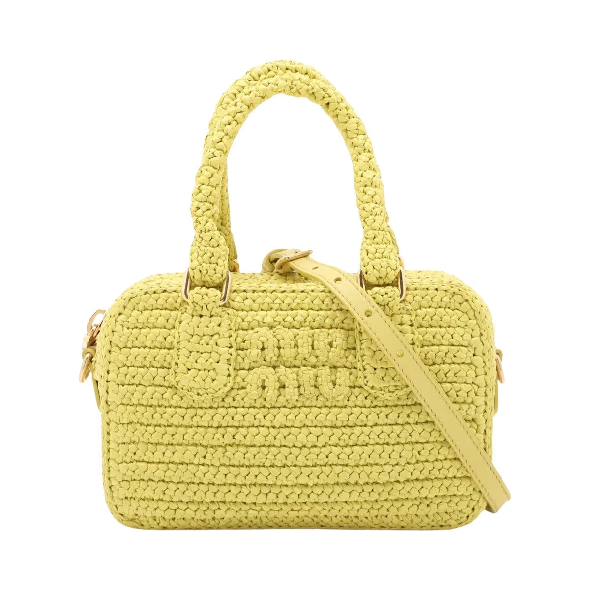 Pre-Loved Crochet Bauletto Handbag Raffia Crochet Mini with Gold Hardware, Yellow